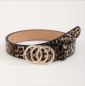 Leopard Print Belt with Gold Buckle Faux Leather